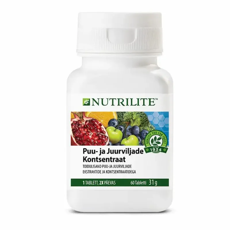 Nutrilite™ Puu- ja juurviljade kontsentraat Nutrilite Puu- ja juurviljade kontsentraat on rohelise tee ja granaatõuna ekstraktiga, toetades tervislikku toitumist.
