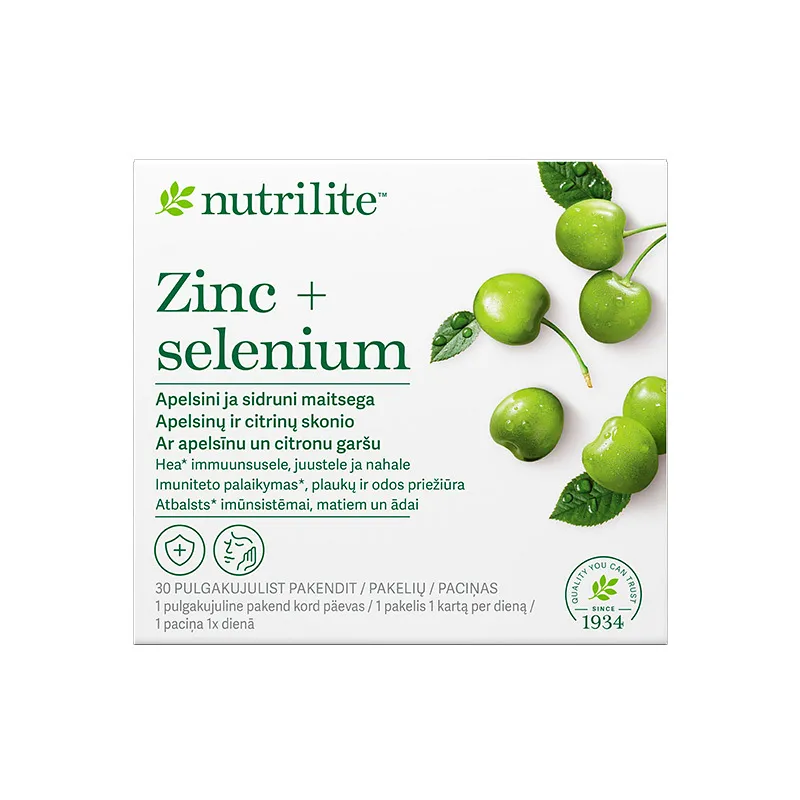 Nutrilite™ tsink + seleen Värske apelsini-sidruni maitsega Nutrilite tsink + seleen pulber, mis toetab immuunsüsteemi ja nahka.